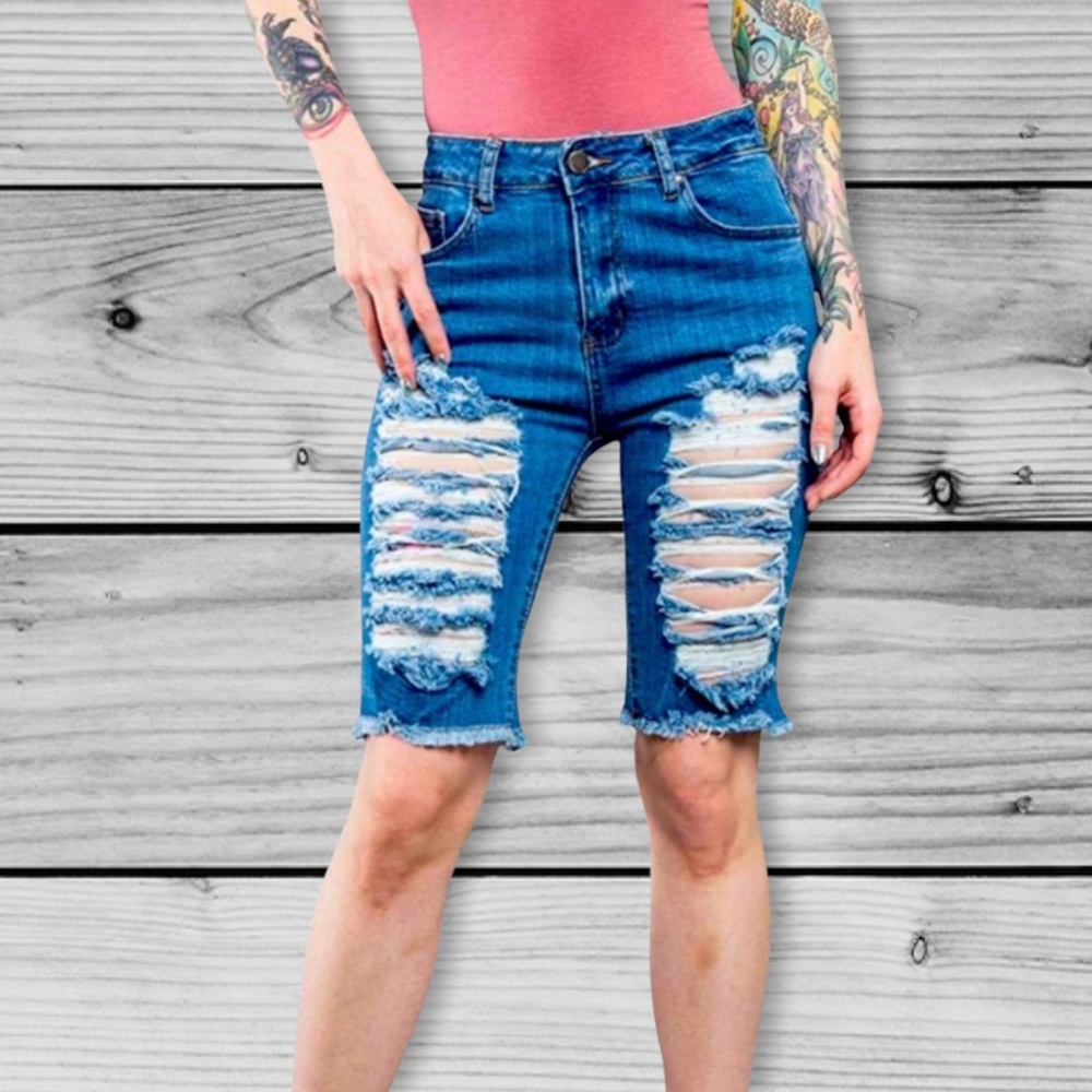 American Bazi Women's Blue Destroyed Denim Distressed Capri Knee Long Shorts - Picture 11 of 11